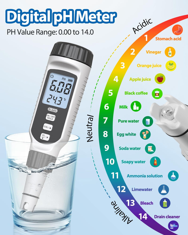 PH Meter, Dr.meter PH Meter Water 0.01 High Precision PH Value Meter with Alarm LCD Display and Automatic Temperature Compensation for Water, Aquarium, Pond, Pool with Calibration Powder 1