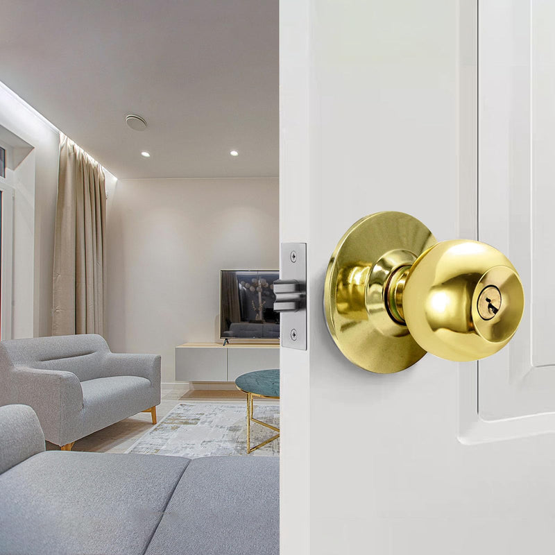 2 Pack Gold Door Knobs with Lock and Keys, Interior and Exterior Door Lock, Standard Ball Door Locks for Bedrooms/Bathroom 2 Pack