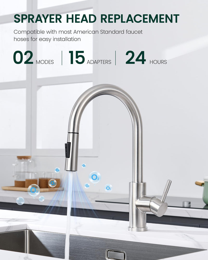 Metal Kitchen Faucet Head Replacement, 2-Mode Pull Down Kitchen Faucet Spray Head with 15 Adapters, High Pressure Sink Sprayer Nozzle Stainless Steel, Brushed Nickel