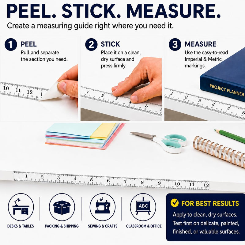 ChromaLabel Adhesive Measuring Tape, 12 Inch Repeating Ruler Sticker, White and Black Peel and Stick Measure, Imperial & Metric, 1 Inch x 13.9 Yd Roll, Made in USA 1" Wide