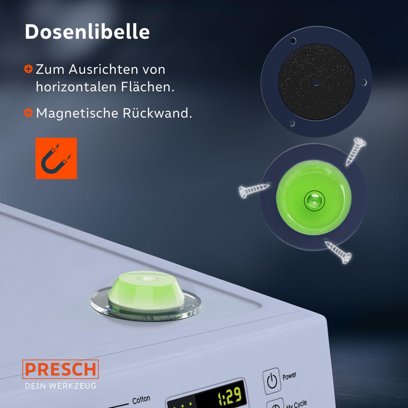 Presch mini spirit levels set 4 pieces. - Mini spirit level, cross spirit level, circular spirit level and string spirit level - All-round set - Reinforced magnet for maximum adhesion - Break-proof acrylic glass spirit levels set of 4.