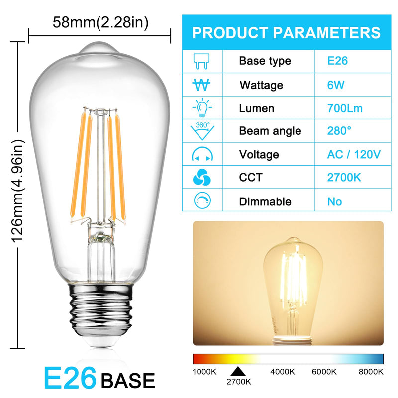 Ascher Vintage LED Edison Bulbs, 6W, Equivalent 60W, Non-Dimmable, Warm White 2700K, ST58 Antique LED Filament Bulbs with 80+ CRI, E26 Medium Base, Clear Glass, Pack of 8 8 Count (Pack of 1)
