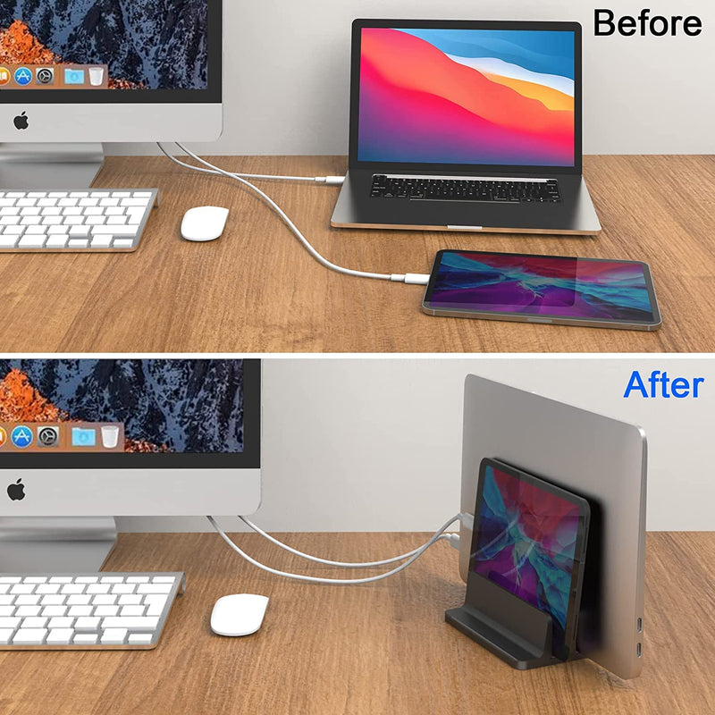 Double Slot Vertical Laptop Tablet Stand Mount Space -Saving Storage for MacBook Laptop Chromebook Tablet,Smartphone (Black) Black