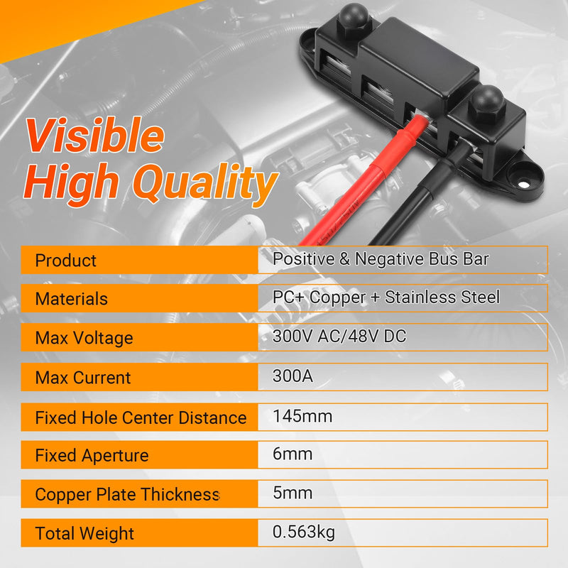 Power Distribution Block, 12V 300A Bus Bar, 3/8" Studs Terminal Strip, 12-48V Heavy Duty Terminal Block, Positive & Negative Junction Block with Cover, RV Car Marine Automotive Battery Busbar