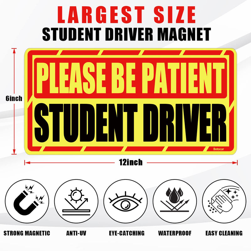 Student Driver Car Magnet, 2 Pack Super Large Please Be Patient Student Driver Signs for Car, Reflective New Driver Vehicle Bumper Magnetic Sticker, Novice Driver Safety Warning Sign, 12×6in Student-black&red