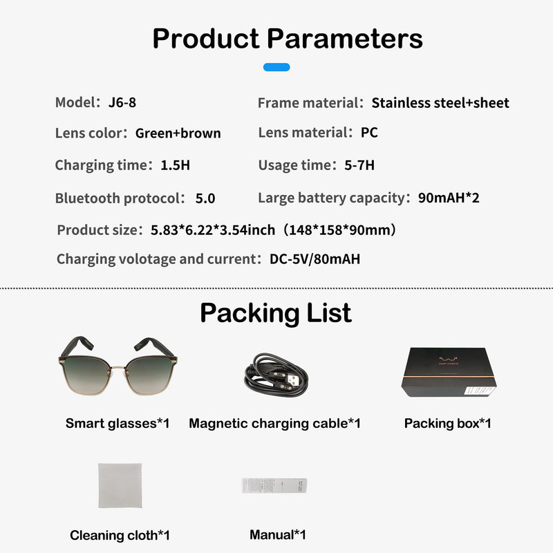 Bluetooth Smart Audio Sunglasses, Smart Wireless Bluetooth Glasses for Men Women, Outdoor UV Protection and Voice Control (Green) Green