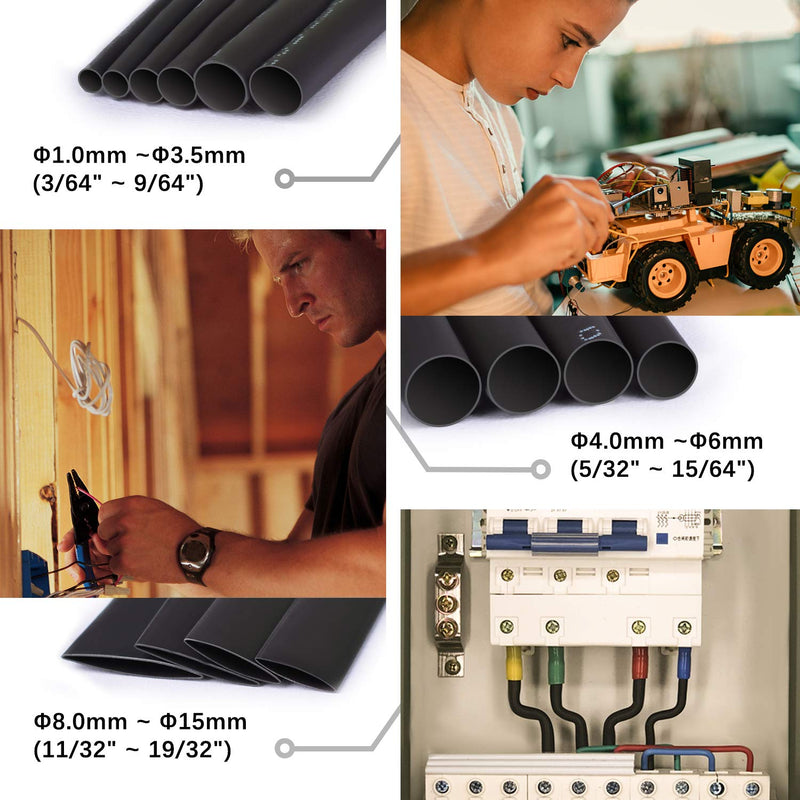450-Piece Heat Shrink Tube Set - 2:1, 14 Sizes, Black, Electrical Industrial Heat Shrink Tubing Assortment for Wire Repairs, Soldering, Automotive Wiring 2 | Black Set