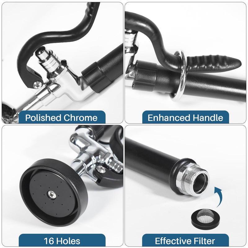 Dishwash Pre Rinse Sprayer for Kitchen: BESTJEEF Commercial Sink Faucet Spray Valve Head Replacement - High Pressure Pre-Rinse Sprayer Assembly for Restaurant Cleaning Black-Round