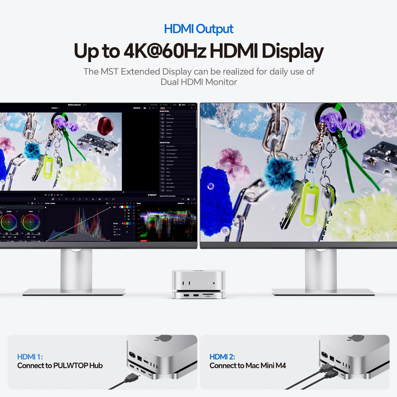 Mac mini M4 Dock, No WiFi Interference PULWTOP Mac mini M4 Hub Stand with M.2 SSD Enclosure (SSD NOT Included), for Mac mini M4 and M4 Pro 2024 with 4K60Hz HDMI, 3 x USB A 2.0, SD/TF, 3.5mm Audio/Mic