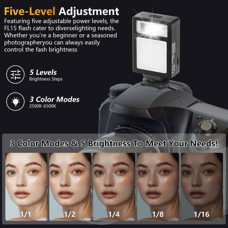 Camera Flash with Video Light, 2500K-6500K Mini Flash Speedlite, Adjustable Brightness Small Camera Speedlight, Universal Single Contact Hot Shoe Mount, Compatible with Canon/Nikon/Sony/Fuji/DSLR