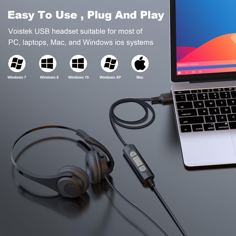 USB Headset with Microphone, Computer USB & Type-C Headphones with Noise Canceling Mic for PC Laptop Wired On-Ear Phone Headsets with Mute for Office, Call Center, Video Meeting, Chat 382