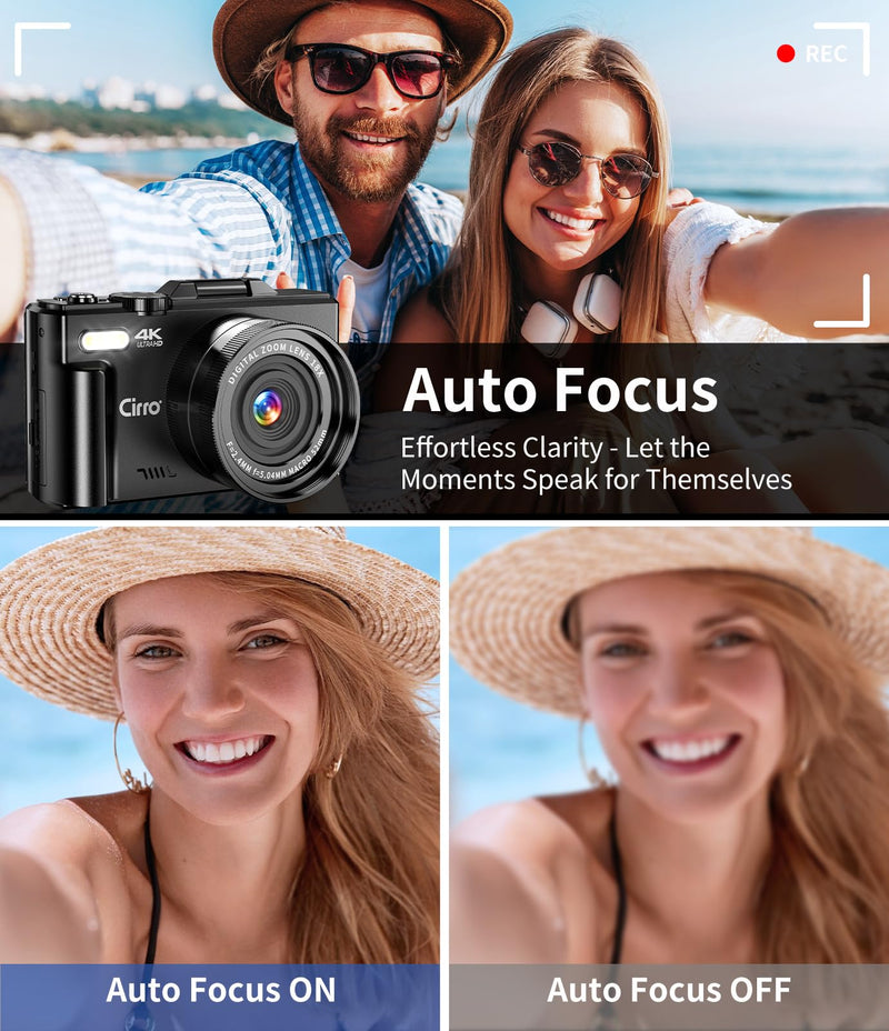 4K Digital Camera for Photography, WiFi 64MP UHD Vlogging Camera with 18X Digital Zoom, Super Wide-Angle Lens, 3" 180° Flip Screen, 32GB SD Card, Black