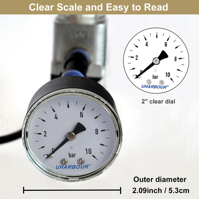 UHARBOUR pressure gauge water 0-10 bar, pressure gauge 1/4 inch, pressure gauge compressed air holder on the back, compressed air pressure gauge 1/4 BSP brass connection