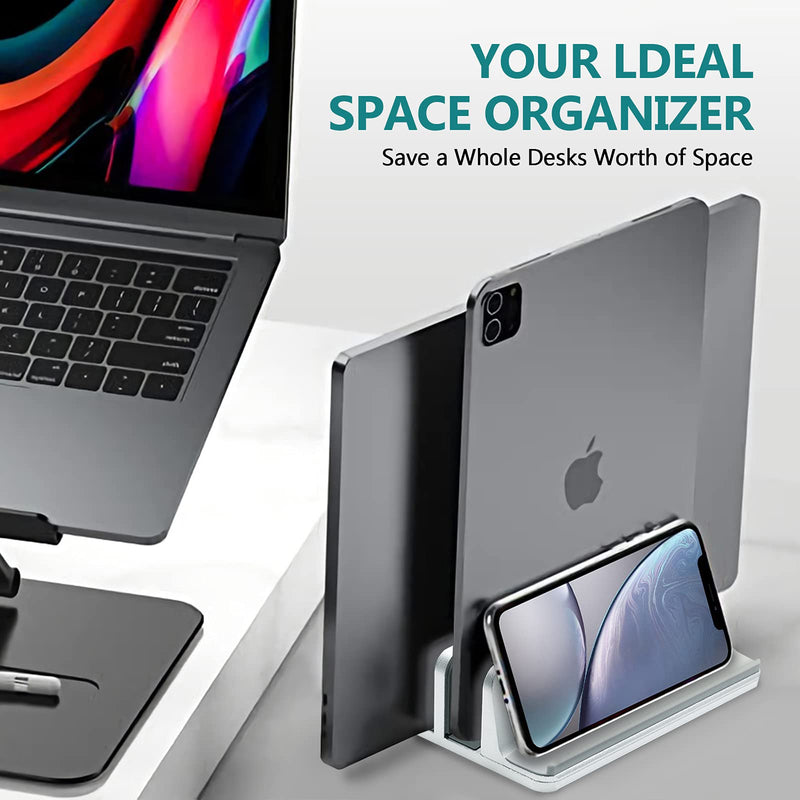 Vertical Laptop Stand for Desk Aluminum Heavy Duty, 4 Slots Adjustable Laptop Holder MacBook Stands Compatible All iPad Surface Samsung HP Chromebook iPad Pro Air Upto 17.5'- Silver 4 Slots Vertical Stand-Sliver