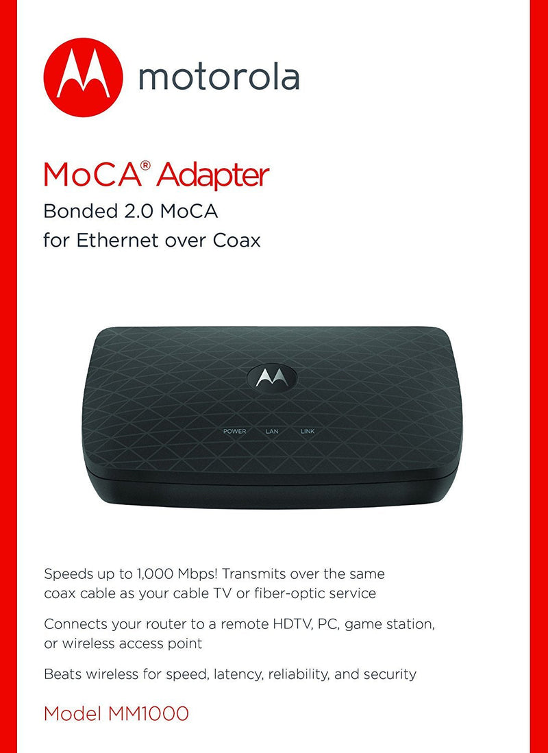 Motorola MOCA Adapter for Ethernet Over Coax, 1,000 Mbps Bonded 2.0 MoCA (Model MM1000)