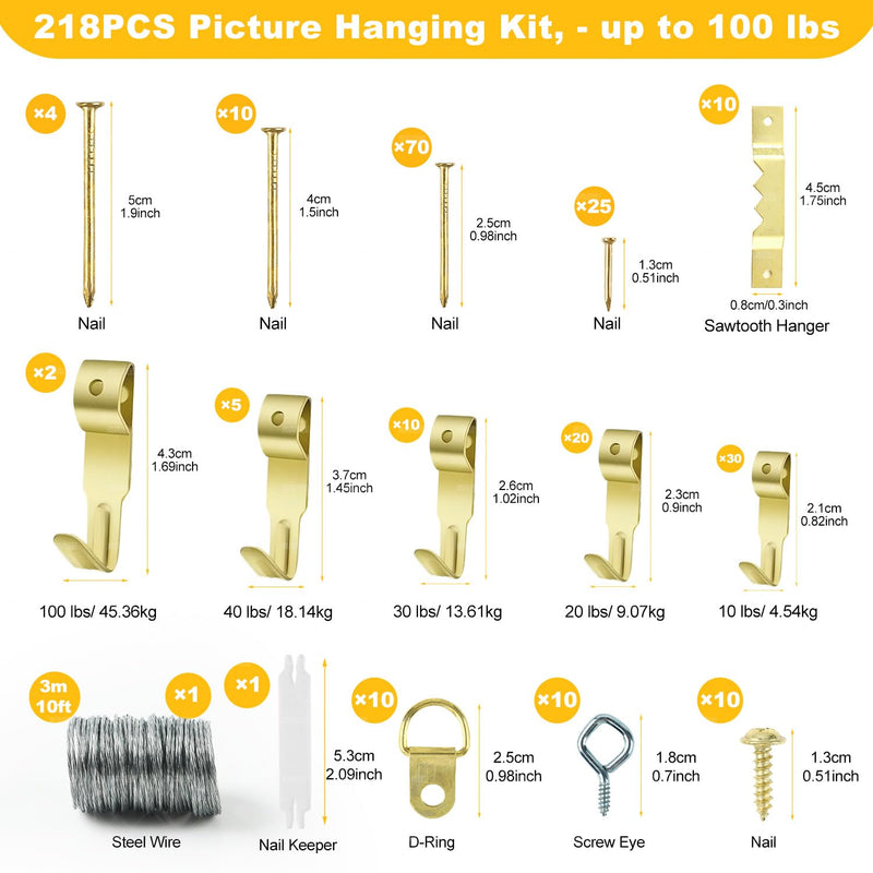 Picture Hanging Kit, Include Picture Hanging Tool with Level/ Picture Hanging Hareware/ Small Hammer, for Easy Hang and Level, Goodsnova Wall Hanging Kit Assorted with Sawtooth/ Wire Hanger Fresh