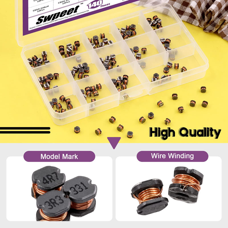 Swpeet 140 pieces 14 values 2.2UH.680UH CD54 wire wound SMD power inductor assortment kit, 5.8 mm chip inductors with 2.2UH 3.3UH 4.7UH 6.8UH 10UH 22UH 47UH 68UH 100UH 220UH 330UH 47UH 68 UH