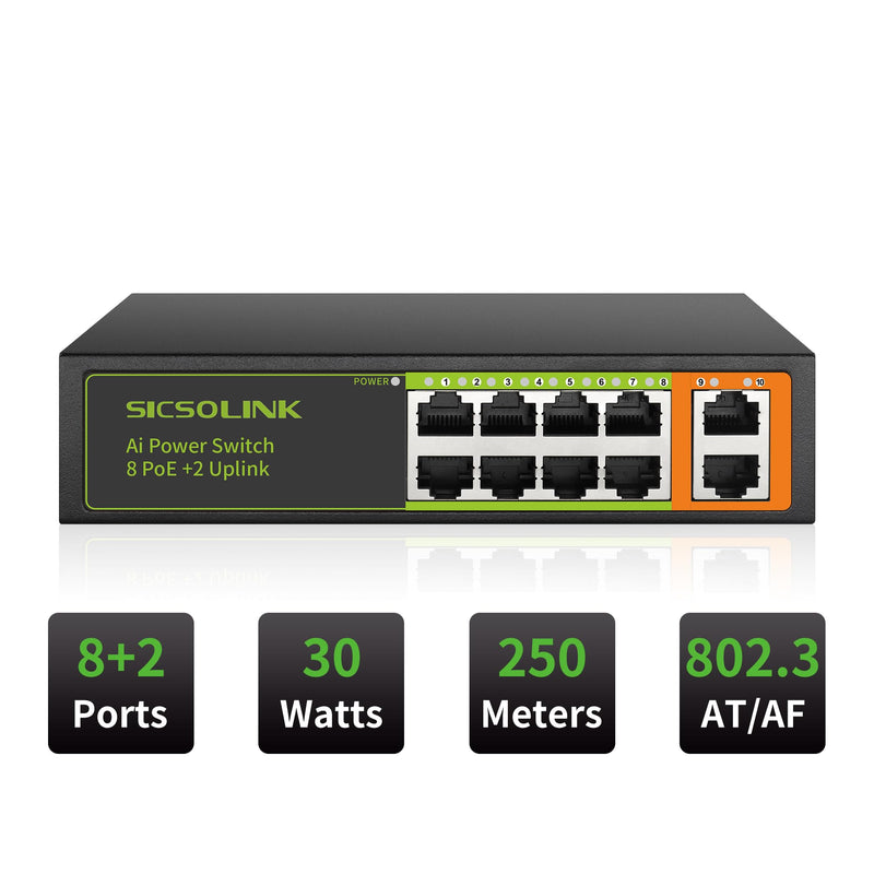8 Ports PoE+ Ethernet Switch 2 Uplink 802.3af/at 120W Total Power 100Mbps Network Hub 20 Gbps Switch Capacity Unmanaged PoE Switch Suitable for IP Cameras Home & Office. 8*POE+2*FE