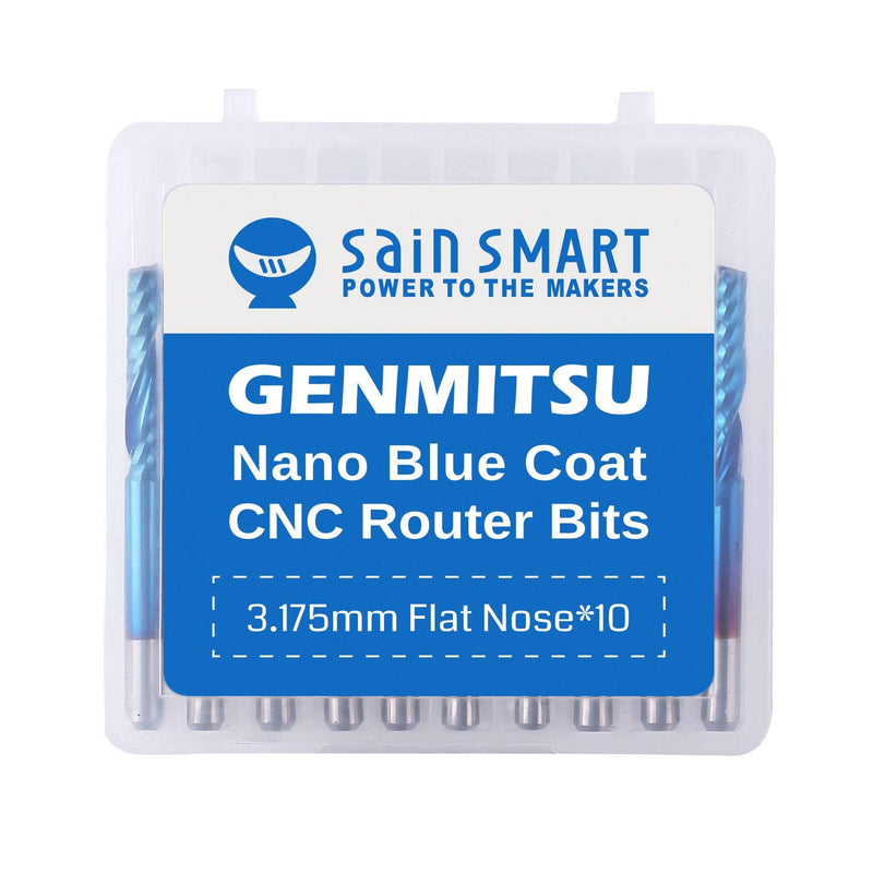 SainSmart Genmitsu 10Pcs Nano Blue Coat Flat Nose End Mill CNC Router Bits, 1/8" Shank Spiral Upcut Single 1 Flute End Mill Set (3.175 x 17 x 38mm) 3.175mm Set (1-Flute Flat Nose)