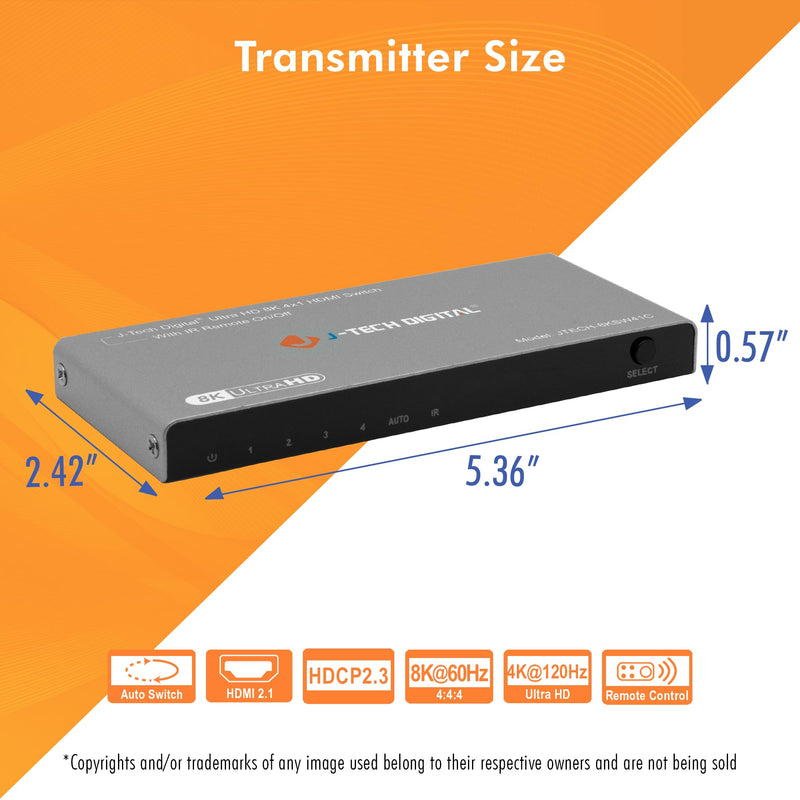 J-Tech Digital HDMI Switch 4K 120hz, 2.1 Switch 4 in 1 Out, 8K 60Hz 1080P 240Hz IR Remote Auto Switch USB C Power Cable, Compatible with HDR & Dolby Vision ALLM VRR QFT [JTECH-8KSW41C] 8K 4X1 HDMI Switch