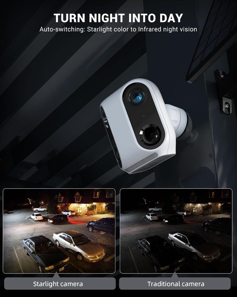virtavo Cam XM1, Solar Security Cameras Wireless Outdoor, Dual 2MP Resolution, Color Night Vision, PIR Motion Detection, Battery-Powered, 2-Way Audio, Cloud/SD Storage, IP66 White