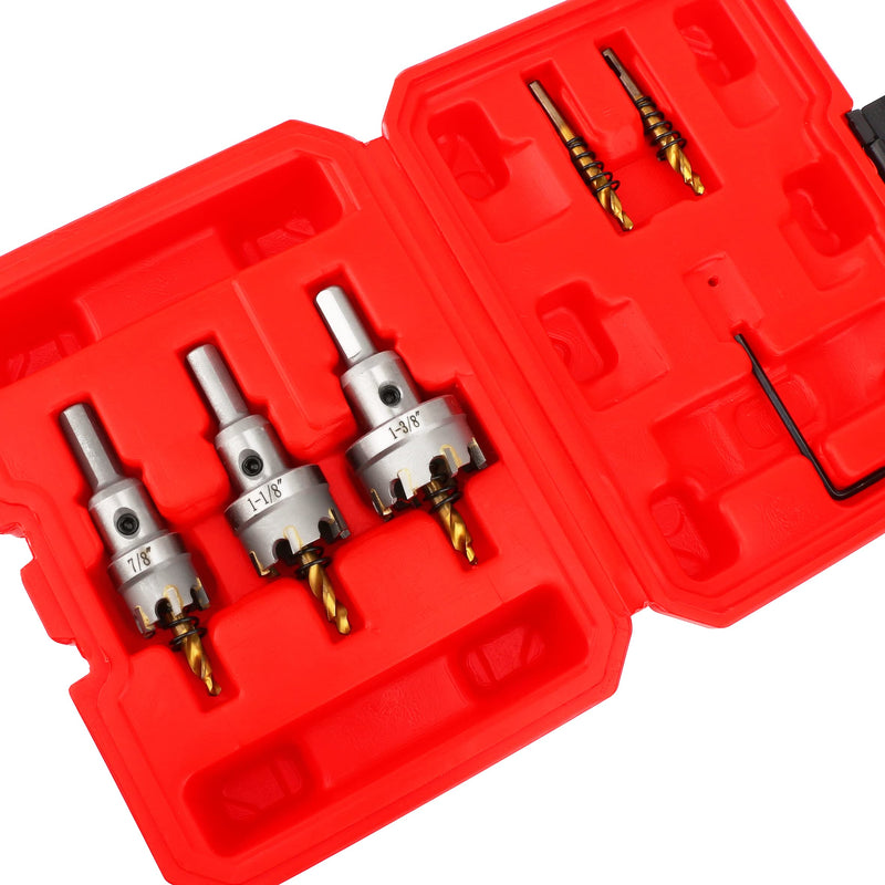 5PCS Hole Saw Kit with Case, Carbide Hole Cutter Set for Metal, TCT Hole Saw Set for Hard Metal Plastic and Wood, Within 7/8" to 1-3/8" Cutting Diameter (7/8" to 1-3/8")-5PC