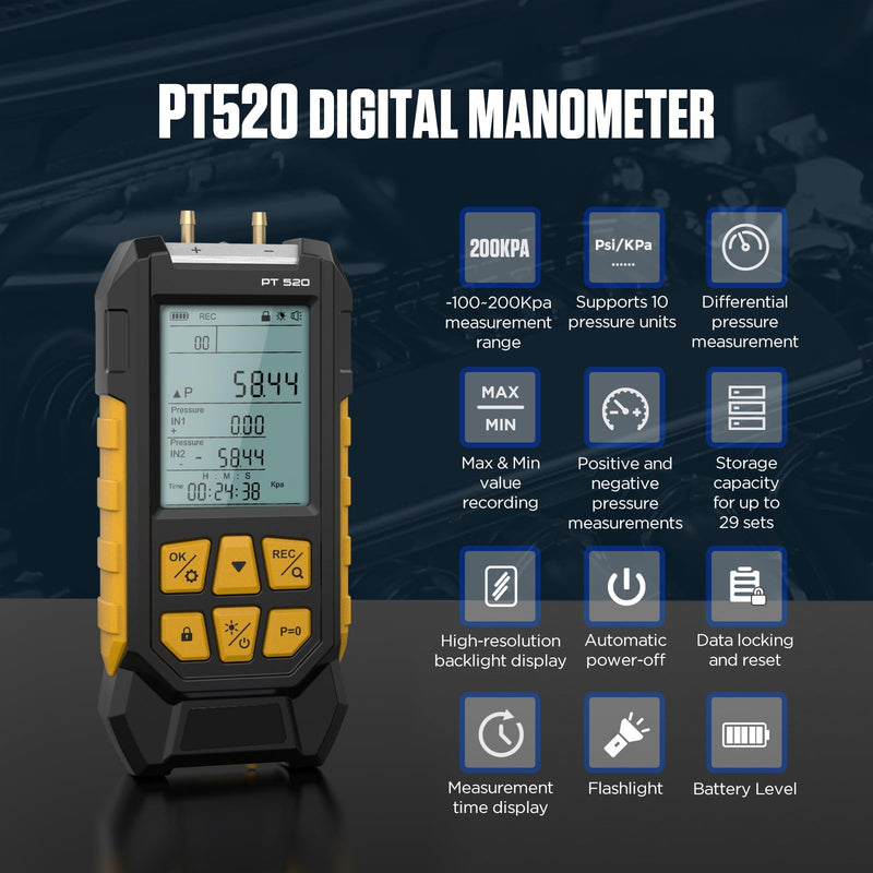PT520 Digital Pressure Gauge Air Pressure Gauge -100-200 KPa 0.1 Resolution Air Pressure 10 Units Differential Dual Port HVAC Digital Pressure Gauge Gas Pressure Gauge with Backlit LCD Display