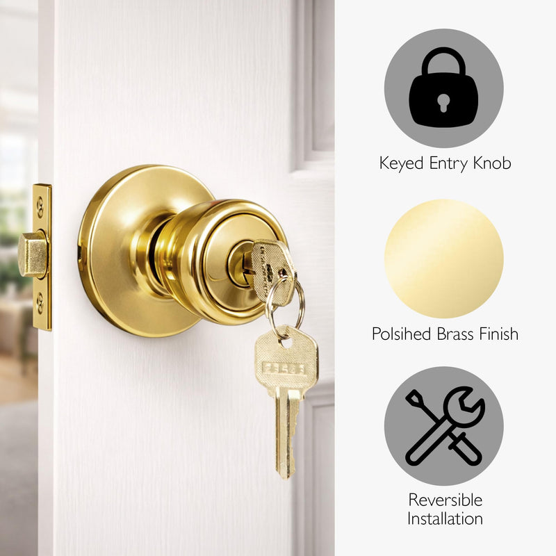Design House 728329 Terrace 6-Way Universal Entry Door Knob and Single Cylinder Deadbolt Polished Brass Keyed Entry with Deadbolt