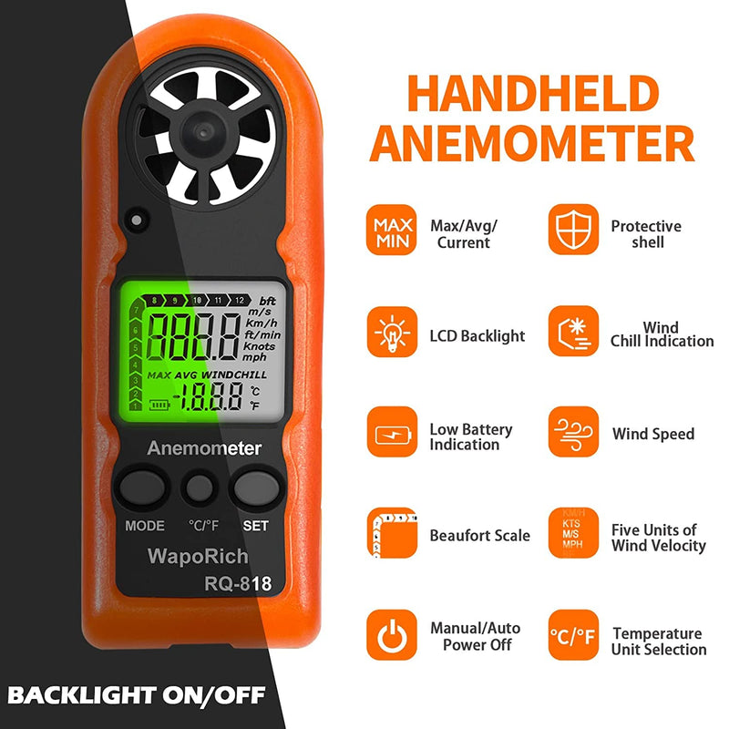 Handheld Wind Meter WapoRich RQ-818, Digital LCD Backlight Wind Speed Meter Mini Wind Meter for Measuring Wind Speed/Temperature Portable Wind Meter for Surfing RQ-818 Mini Wind Meter