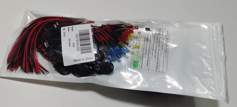 RUNCCI-YUN 50PCS 5 mm LEDs, 12V pre-wired light, pre-wired LED, diode light, 20cm pre-wired light red yellow green blue white + 50 pieces 5 mm LED mounting rings + 9 V battery connection