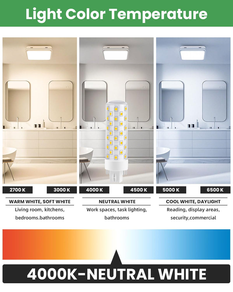 GX24Q LED Bulbs, 4000K Neutral White, 4-Pin Base CFL Light Bulb Replacement for 13W 18W 26W Compact Fluorescent Bulb in Bathroom Vent Fan, Kitchen Hood 10W 4-Pack (Ballast Removed Required)