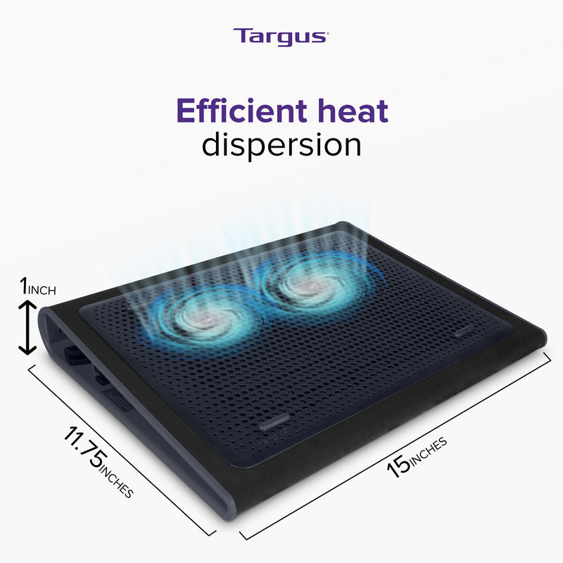Targus 17 Inch Dual Fan Lap Chill Mat - Soft Neoprene Laptop Cooling Pad for Heat Protection, Fits Most 17" Laptops and Smaller - USB-A Connected Dual Fans for Heat Dispersion (AWE55US) Tilted