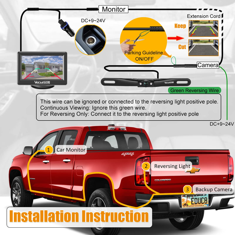 Reversing Camera System VM1 HD1080P Wired Car Backup Camera Kit 4.3” Car Monitor and HD1080P Camera with Waterproof Night Vision Backup Camera for Cars,Pickups,SUVs,Vans, Sedans, Trucks