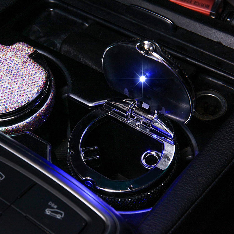 Bling Car Ashtray, Bling Portable Cigarette Smokeless Cylinder Cup Holder with Blue LED Light Indicator, Car Accessories for Women,Ideal for Car,Home and Office, Black.