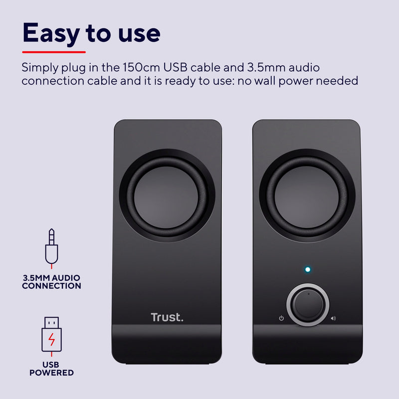 Trust Remo 2.0 PC Speakers, 16W (8W RMS), USB Powered, Jack 3.5mm, Stereo Speaker Set with Volume Control, Compact Sound System for Computer and Laptop - Black Remo 16 W