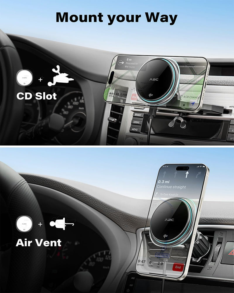 A2C Qi2 15W Wireless Car Charger CD Mount for MagSafe, Magnetic Wireless Charger for Car Air Vent | CD Slot with Semiconductor Cooling Chip, Fast Charging for iPhone 17 16 15 14 13 12, LED Indicator