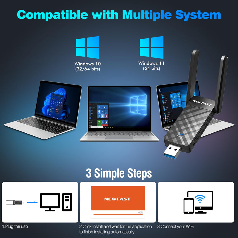 NEWFAST USB WiFi 6 Adapter U352, AX1800 Wireless Network Adapter for Desktop PC Laptop, USB 3.0 WiFi with Dual Band High Gain Antennas, MU-MIMO, WPA3, WiFi Dongle for Windows 11/10