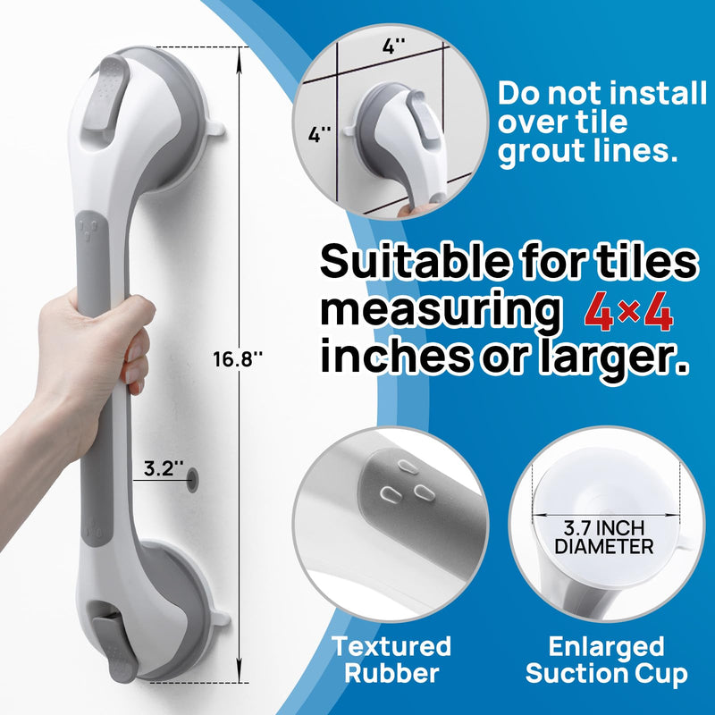 LEVERLOC 2 Pack Shower Grab Bars for Bathtubs and Showers, Easy to Install Suction Shower Handles for Bathroom Removable Handrails for Seniors Elderly Heavy Duty Safety Grip Waterproof Drill Free Gray 16.8” 2 Set