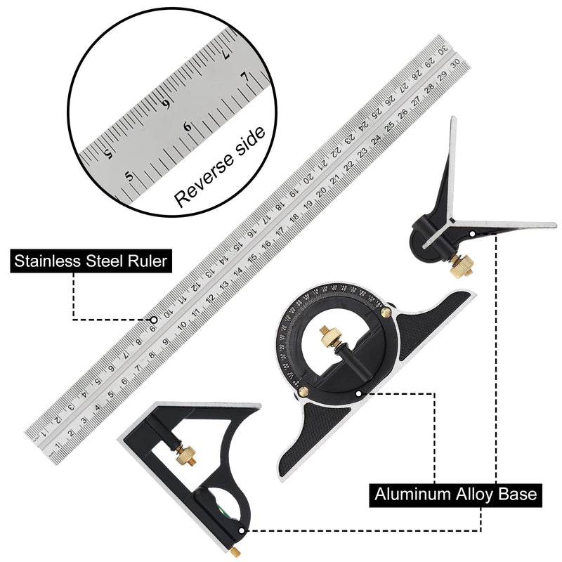 ChgImposs 12" Adjustable Sliding Combination Square Ruler & Protractor Level Measure Measuring Set, Inch/Metric