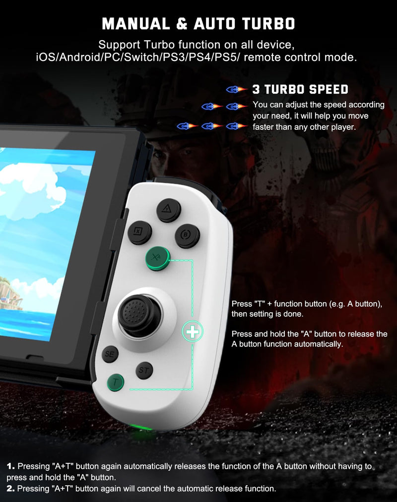 Joso Phone Controller for iPhone/Android/PC, D6 Wireless Game Controller for Switch/PS3/PS4 with Hall Joystick/Turbo/6-Axis Gyro/Dual Motor, iOS Android Controller Support Cloud Gaming/Remote Play White