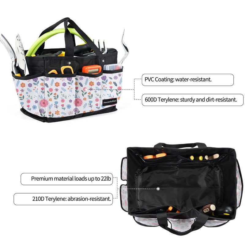 Housolution Gardening Tote Bag, Deluxe Garden Tool Storage Bag and Home Organizer with Pockets, Wear-Resistant & Reusable, 14 Inch, White Floral