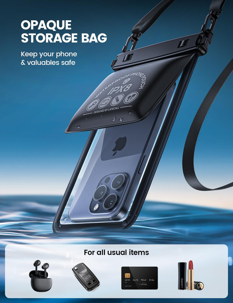 Lamcall Double Bag Waterproof Phone Pouch - IPX8 Waterproof Phone Case with Lanyard, Cell Phone Dry Bag Beach Essentials for iPhone 15/ Pro/Pro Max/Plus/14/13, Galaxy 24/23/22, 4-7.5" with Case Black