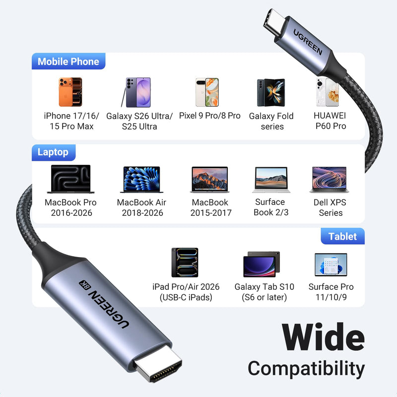 UGREEN USB C to HDMI Cable 8K@60Hz 4K@240Hz Thunderbolt 4/3 Type C to HDMI 2.1 Cable 48Gbps HDR HDCP2.3 Compatible for MacBook Pro Air iPad, Mac mini, iPhone 17 ProMax, Galaxy S26, Pixel 9, XPS, 10FT