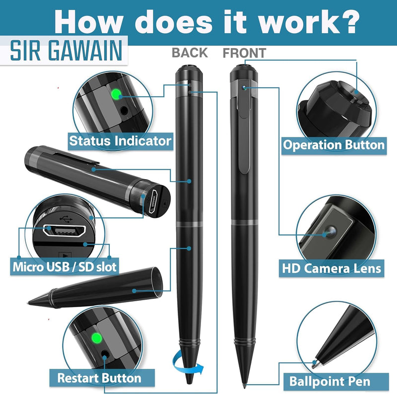 SIRGAWAIN 64GB Premium Body Camera Pen - Full HD Video and Photo, Long Battery Life, Motion Detection, Easy to Use 1080p Body Cam Royal Black + 64GB