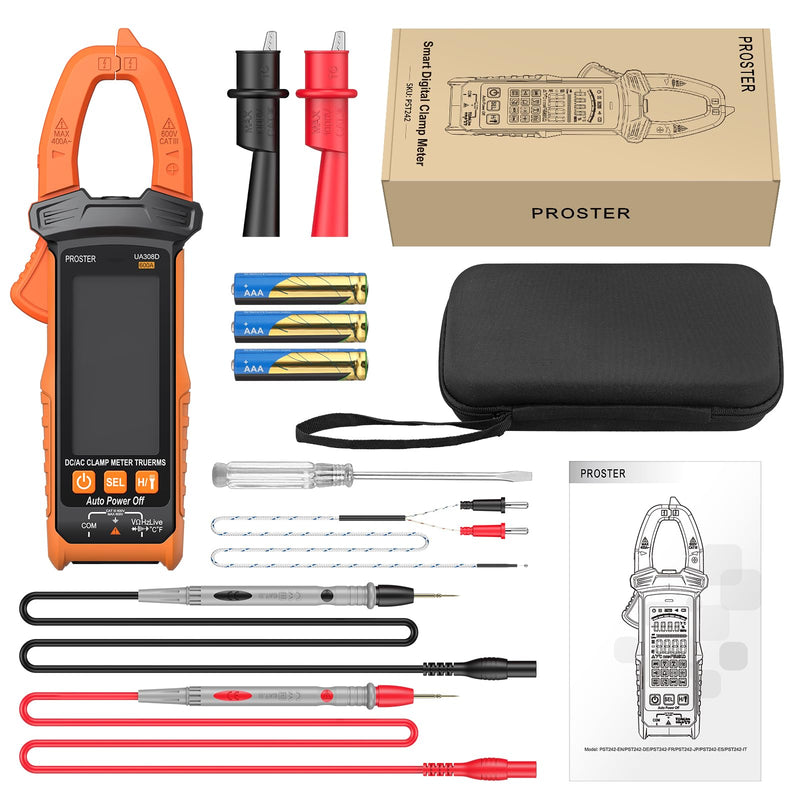 Proster Digital Clamp Meter - 600A DC AC Current 600V AC DC Voltage NCV Continuity Capacitance Resistance Frequency Diode Hz Test