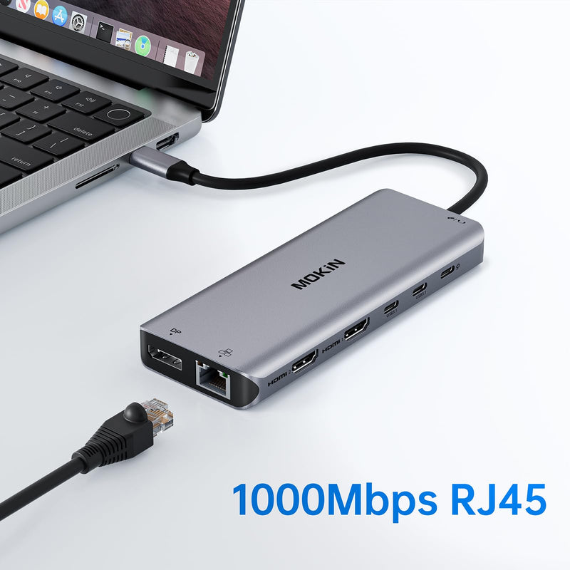 USB C Laptop Docking Station Dual Monitor Dual HDMI 4k DP Triple Display Hub 10G, 13 in 1 MOKiN USB C Hub with 3 Monitors,Displayport,USB3.1,RJ45,100W PD,Card Reader,Audio/Mic, for Dell HP Lenovo Silver