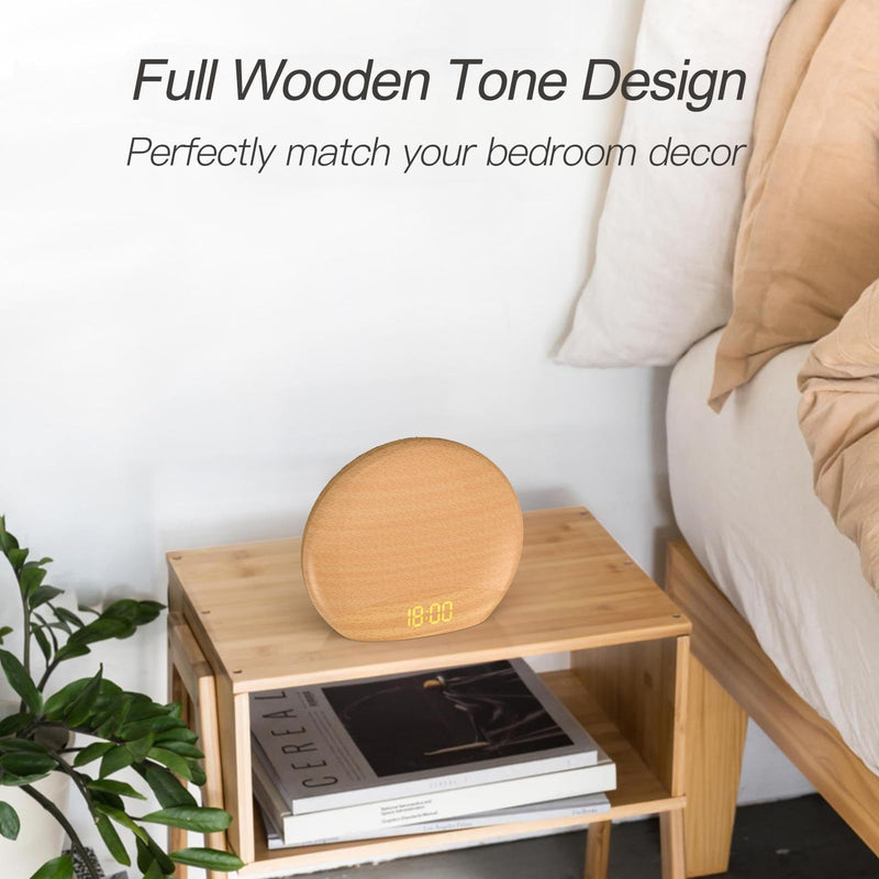 HOUSBAY Wood Grain Sunrise Alarm Clock- Natural Wake Up Light, FM Radio, Bluetooth Speaker, Dimmable Nightlight & Display- Soothing Morning Routines