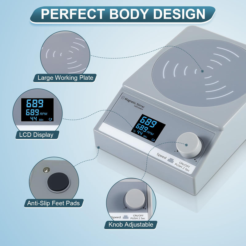 Digital Magnetic Stirrer w/Timer, 100fl.oz Magnetic Stir Plate, Magnetic Mixer w/LCD Display, Lab Stirrer w/Stir Bar (w/o Heating) Grey