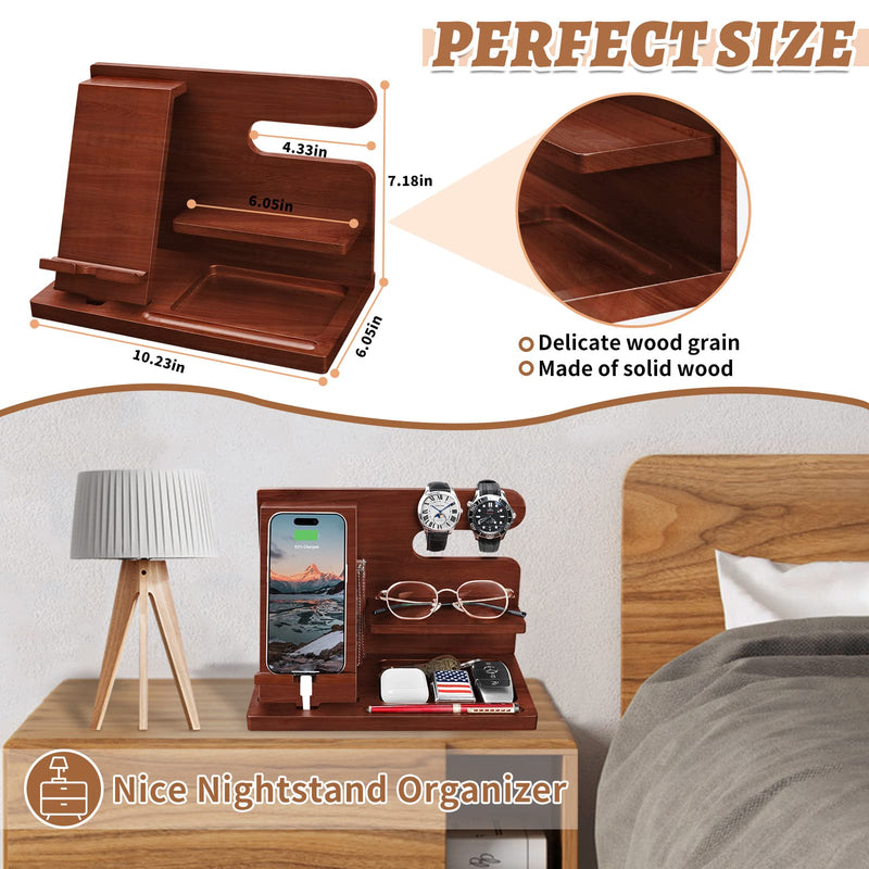 Wood Phone Docking Station - Nightstand Organizer for Cell Phone, Watch, Wallet - Birthday Gift for Dad or Husband Brown