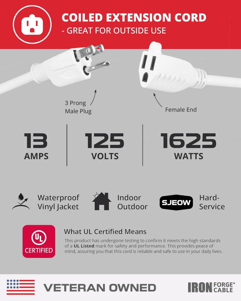 Iron Forge Cable SJEOW White Outdoor Coiled Extension Cord 8 ft, 16/3 13 Amp Oil Resistant & Flame Retardant 3 Prong Coiled Wire for Outdoor & Indoor 1 Outlet